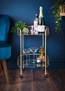 Stylish Gold Finish Tromso Drinks Trolley With Glass Shelves Ideal For Your Home - Picture 1 of 5