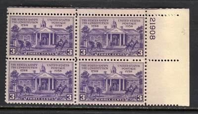 SCOTT 835 1938, 3 CENT CONSTITUTION RATIFICATION ISSUE PB OF 4 OG MNH OG VF! - Image 1 of 2