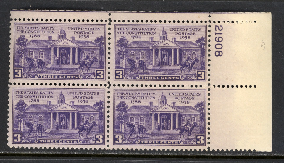 SCOTT 835 1938, 3 CENT CONSTITUTION RATIFICATION ISSUE PB OF 4 OG MNH OG VF! - Image 1 of 2