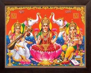 Goddess Lakshmi with Saraswati & Lord Ganesh Printed Picture With Wooden Frame - Picture 1 of 4