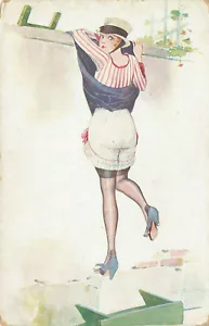 L. Peltier Artist Beautiful Woman Caught On The Wall! Postcard - Picture 1 of 2