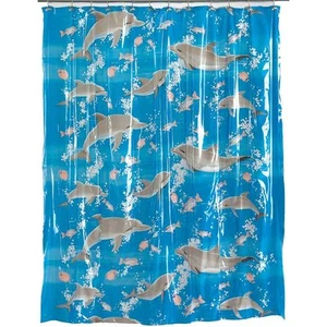 Dolphins Deep Sea Fish Blue Vinyl Bath Shower Curtain Bathroom Decor 72x72" - Picture 1 of 1