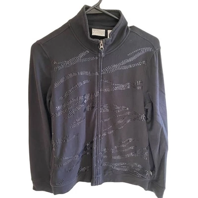 Chico’s Zenergy Negro Lentejuelas Cremallera Completa Cuello Simulado Chaqueta Atlética Bolsillos Talla S Foto 1 de 4