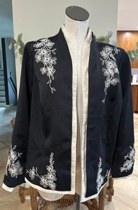 Victor Costa Women 1X  Black w Beige Embroidery Open Front Jacket Blazer - Picture 1 of 7