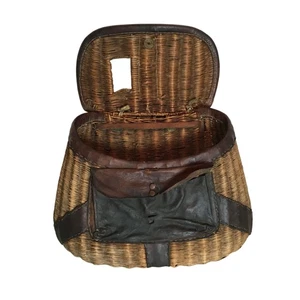 Vintage Woven Fishing Creel Basket With Leather Strap & Pocket - Picture 1 of 12