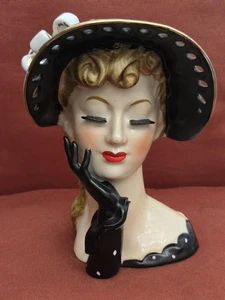 VINTAGE LADY HEAD VASE NAPCO LONG COOL WOMAN IN A BLACK DRESS 7.75” - POLKA DOTS - Picture 1 of 7