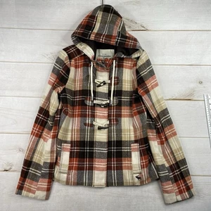 Abercrombie and Fitch Plaid Pea Coat Gr. M Toggle Wollmischung Kapuze Elch Logo - Bild 1 von 11