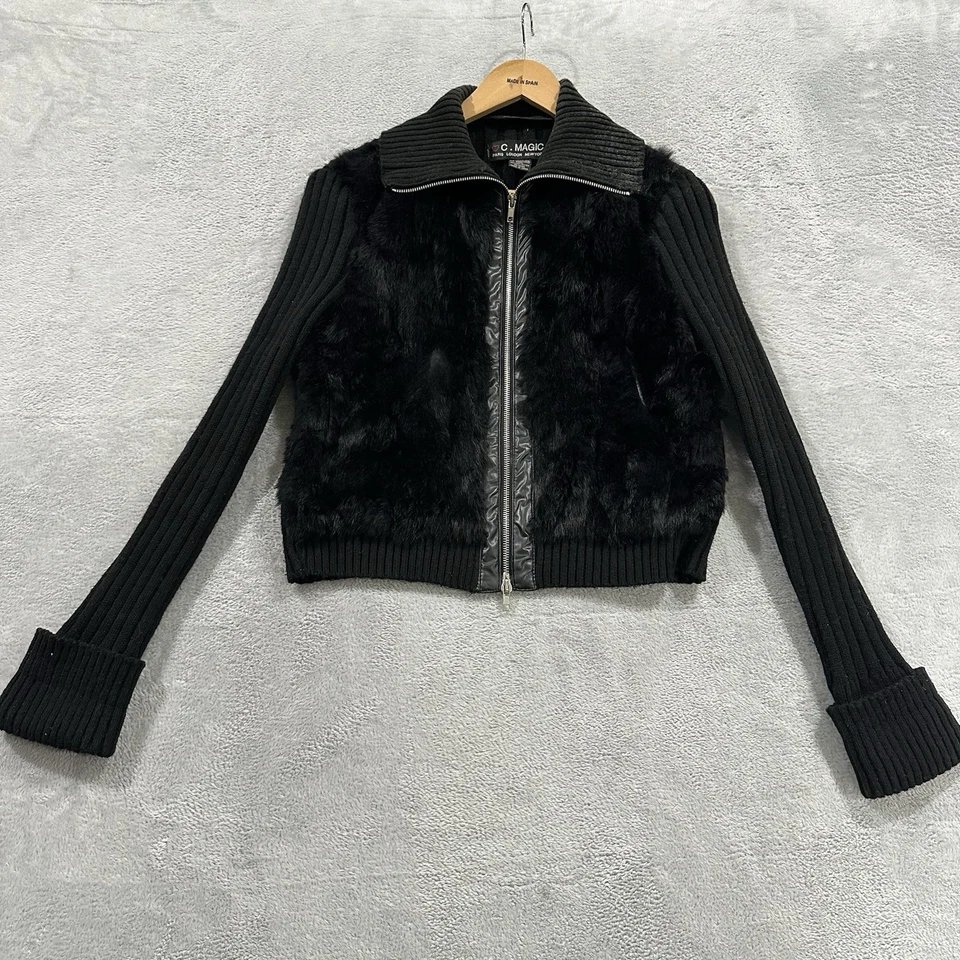 C. Magic Full Zip Sweater Women Medium Black Rabbit Fur Y2K Vtg Punk Alt - Image 1 of 4