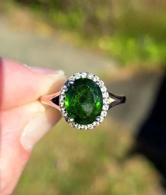 ⛰️RET'D! JTV 8 天然铬合金 DIOPSIDE 925 纯银 ZIRCON HALO 戒指 — 第 1/4 张图片
