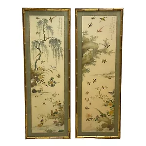 Coppia di cornici broccate arte cinese con varietà di uccellini 40" alte x 14" larghe - Foto 1 di 12