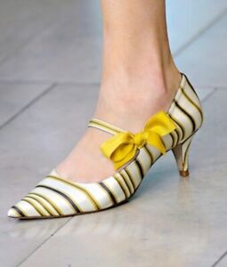 Tory Burch Beverly Striped Yellow Pumps Shoes size 7.5, A Runway Collection 