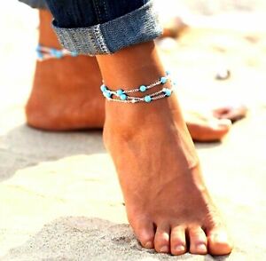 Ankle Bracelet Turquoise Triple 3 Chain Beaded Beach Foot Jewellery Ladies Uk