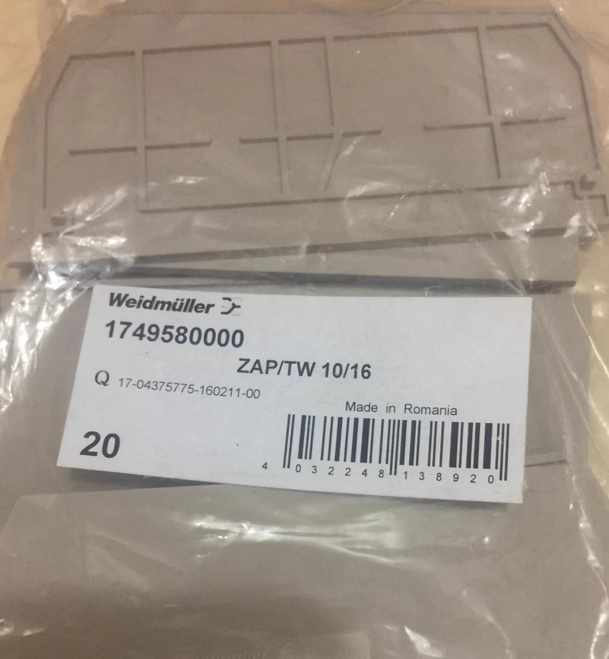 1 bag (20pcs) Weidmuller Terminal Block End Plate ZAP/TW 10/16, 1749580000 - Image 1 of 1