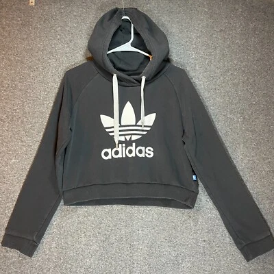 ADIDAS Sweatshirt Women's Medium Black Cropped Hoodie Trefoil Logo Ladies. - Image 1 of 4