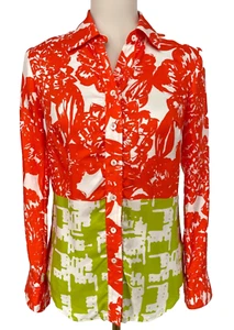 Trina Turk Damen S 100% Seide Blumen Langarm Bluse Knopfleiste orange grün - Bild 1 von 11