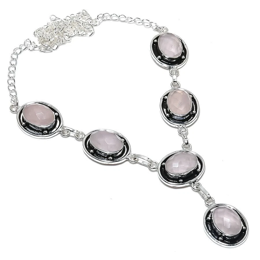 Collar de joyería de plata de ley 925 hecho a mano con piedras preciosas de cuarzo rosa tamaño 18" Foto 1 de 1