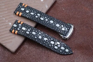 Cinturino orologio fatto a mano in pelle Stingray con pietra fila nera - Foto 1 di 4
