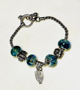 Europäisches Murano Armband - Eulen mit türkisfarbenen Glasperlen. - Bild 1 von 2