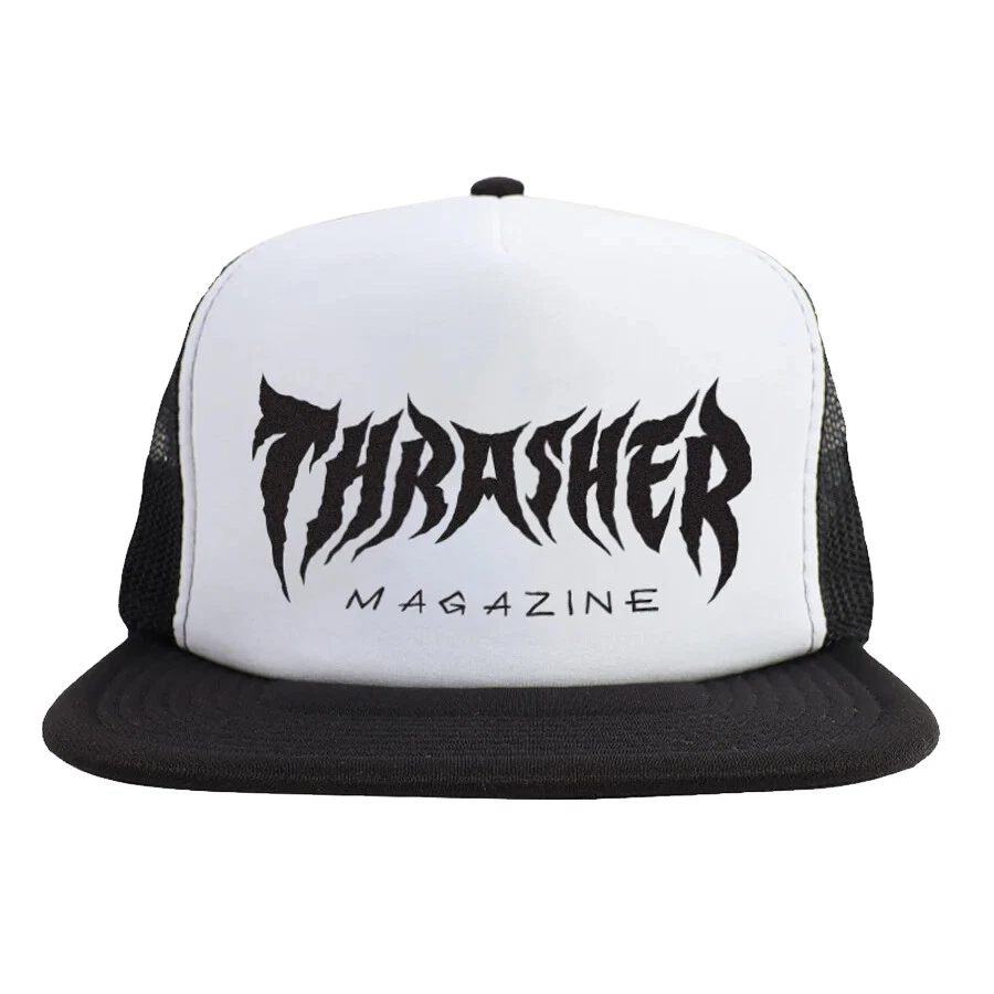 Thrasher Magazine Metal Logo Monopatín Camionero Sombrero BLANCO/NEGRO Foto 1 de 1