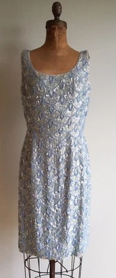 Vintage 50's Pale Blue Beaded Sequins Wiggle Dress M/L - Image 1 of 4