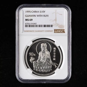 1998 China 10 Yuan Guanyin in Lotus Position 1oz Silver Coin NGC MS69 - Picture 1 of 2