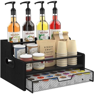3-Tier Coffee Bar Organizer, 8 Bottle Syrup Stand with 35 Coffee Pod Storage ... - Image 1 of 4