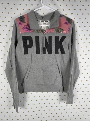 Victorias Secret Pink Floral Colorblock Quarter拉链夹克毛衣LOGO中号 — 第 1/3 张图片