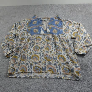 Camicetta donna Lucky Brand blu medio giallo floreale boho contadina manica lunga top - Foto 1 di 15