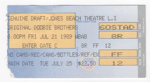 The Doobie Brothers 7/21/89 Long Island NY Jones Beach Theatre Ticket Stub! - Image 1 of 1