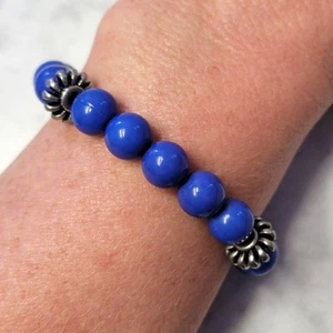 Blue & Silver Tone Beaded Stretch Bracelet Handmade Boho Bohemian Jewelry Gift - Imagen 1 de 5