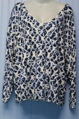 Talbots cotton blend blue print ltwt v neck 3/4 slv pullover sweater 3X Petite - Image 1 of 3