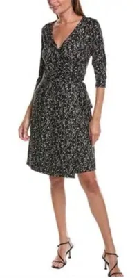 Jones NY Dress Brown Black 12 Stretch Wrap 3/4 Long Sleeve Washable Career - Image 1 of 4