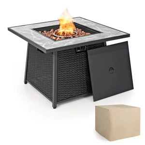 35" Propane Gas Fire Pit Table Patio PE Wicker Rattan w/ Lava Rocks PVC Cover - Picture 1 of 10