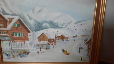 HUILE SUR TOILE PAYSAGE DE MONTAGNE NAIF SIGNE - Photo 1/4