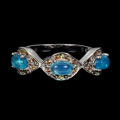 925 Anello Argento Sterling Ovale Blu Opale Zaffiro Naturale Gemma Gioielli - Immagine 1 di 4