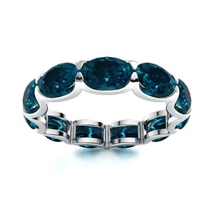 London Blue Topaz Brilliant-Cut Oval 6x4 Wedding Band Ring With Rhodium Plated - Picture 1 of 7