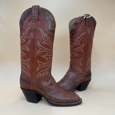 Hondo女式5.5 B西部牛仔靴棕色Python蛇皮皮革手工制作 — 第 1/4 张图片