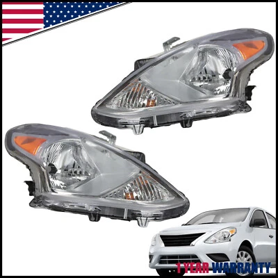 For 2015-2019 Nissan Versa Sedan Halogen Type Headlight Headlamp Chrome Pair/Set - Image 1 of 4