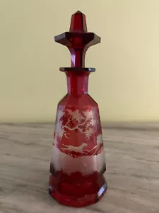 BOHEMIAN RUBY RED CUT TO CLEAR PERFUME BOTTLE 8" TALL - Picture 1 of 12