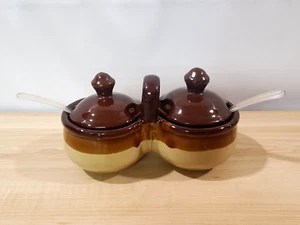 Vintage Stoneware Double Crock Jam Jelly Honey Lids Spoons Condiment FLAW READ - Picture 1 of 11