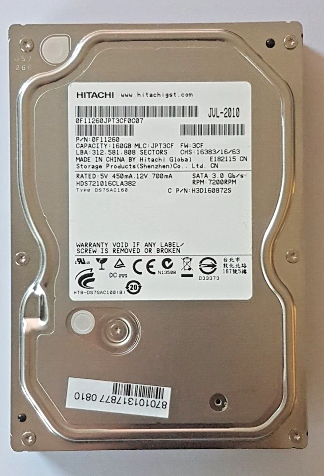 160 GB SATA Hitachi HDS721016CLA382 7200RPM 8MB HDD 3.5" Internal Hard Drive - Image 1 of 1