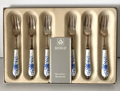 6 tenedores de pastelería de postre alemanes con asas de porcelana - blanco/cobalto Foto 1 de 4