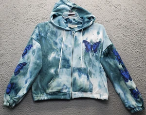 No Comment Hoodie Girls Large Multi Crop Tie Dye Butterfly Drawstring Full Zip - Picture 1 of 9