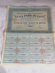 Vintage share certificate Stock Bonds actions Luna Park de Lyon 1921 attractions - Foto 1 di 3