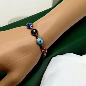 Vintage Evil Eye Perlenarmband Multicolor Perlen silberfarben Emaille - Bild 1 von 6