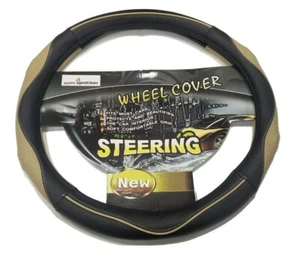 UNIVERSAL Beige + Negro FURGONETA COCHE Cubierta Volante CUERO Suave PU CALIDAD 38 cm - Imagen 1 de 4