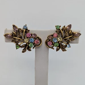 50er Jahre Coro "Navarre" florale Ohrclips Strass antik goldfarben - Bild 1 von 15