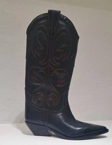 ZARA BNWT 2025. BLACK EMBROIDERED LEATHER COWBOY BOOTS. 1002/610/800 - Picture 1 of 9