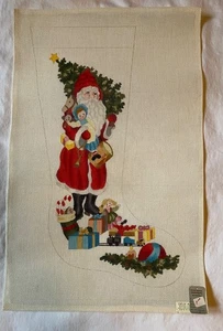 Santa w/tree & toys Stocking Handpainted Christmas Needlepoint Canvas, large VTG - Picture 1 of 7
