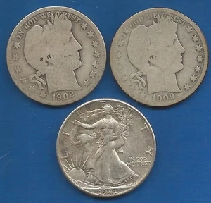 TWO  BARBER & ONE WALKING LIBERTY HALF DOLLARS,  (1902-1941)!!! - Picture 1 of 2